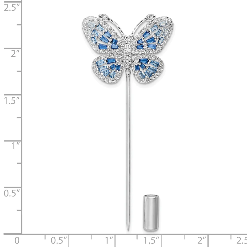 Jewelryweb 25.08mm Sterling Silver Rhodium-plated Polished Blue and Clear Cubic Zirconia Butterfly Pin