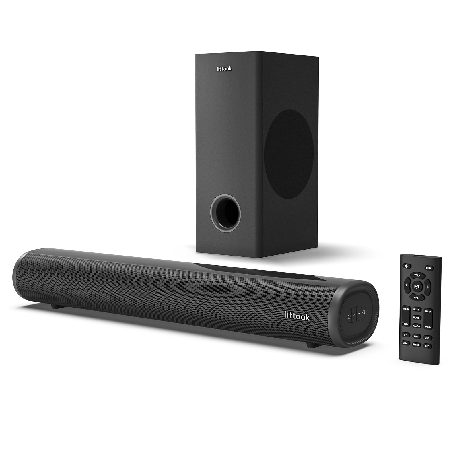 littoak Soundbar with Subwoofer, 2.1 soundbar for TV, PC Gaming, Home Audio, Bluetooth 5.0/HDMI ARC/Optical/AUX/USB Connection,