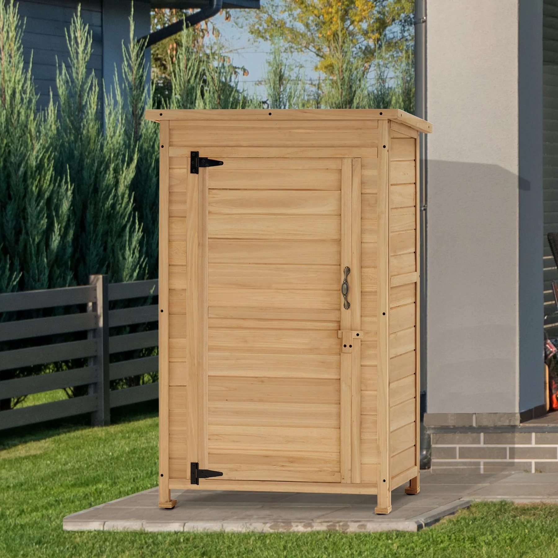 Mcombo Small Outdoor Wood Storage Cabinet, Little Garden Wooden Tool Shed with Latch, Outside Waterproof Tool Cabinet 0701