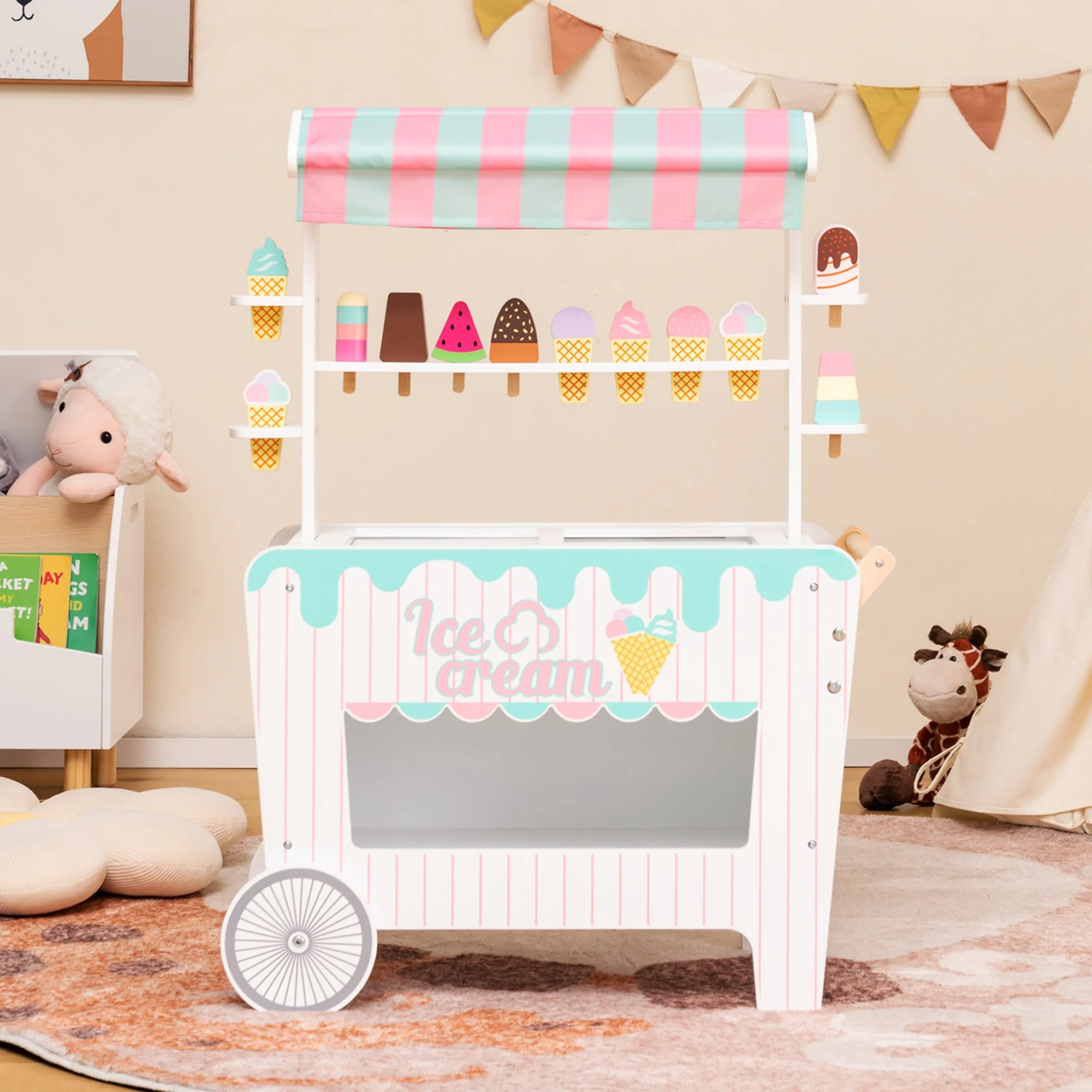 Costway Kid&s;s Ice Cream Cart Food Trunk Play Toy Set with Display Rack &a; Accessories
