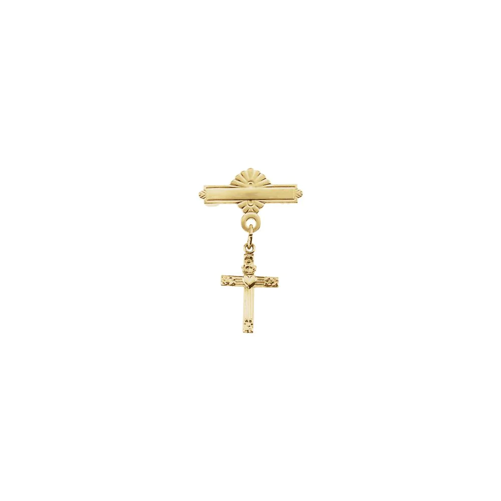 Jewelryweb 14k Yellow Gold Cross With Heart Baptismal Pin 13x10mm