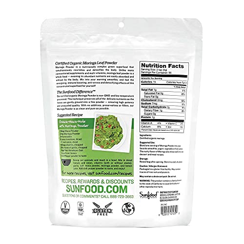 Sunfood Superfoods Sunfood Moringa Powder, Organic. Use for hair loss, weight loss., Pure Single Ingredient Product. 8 oz Bag