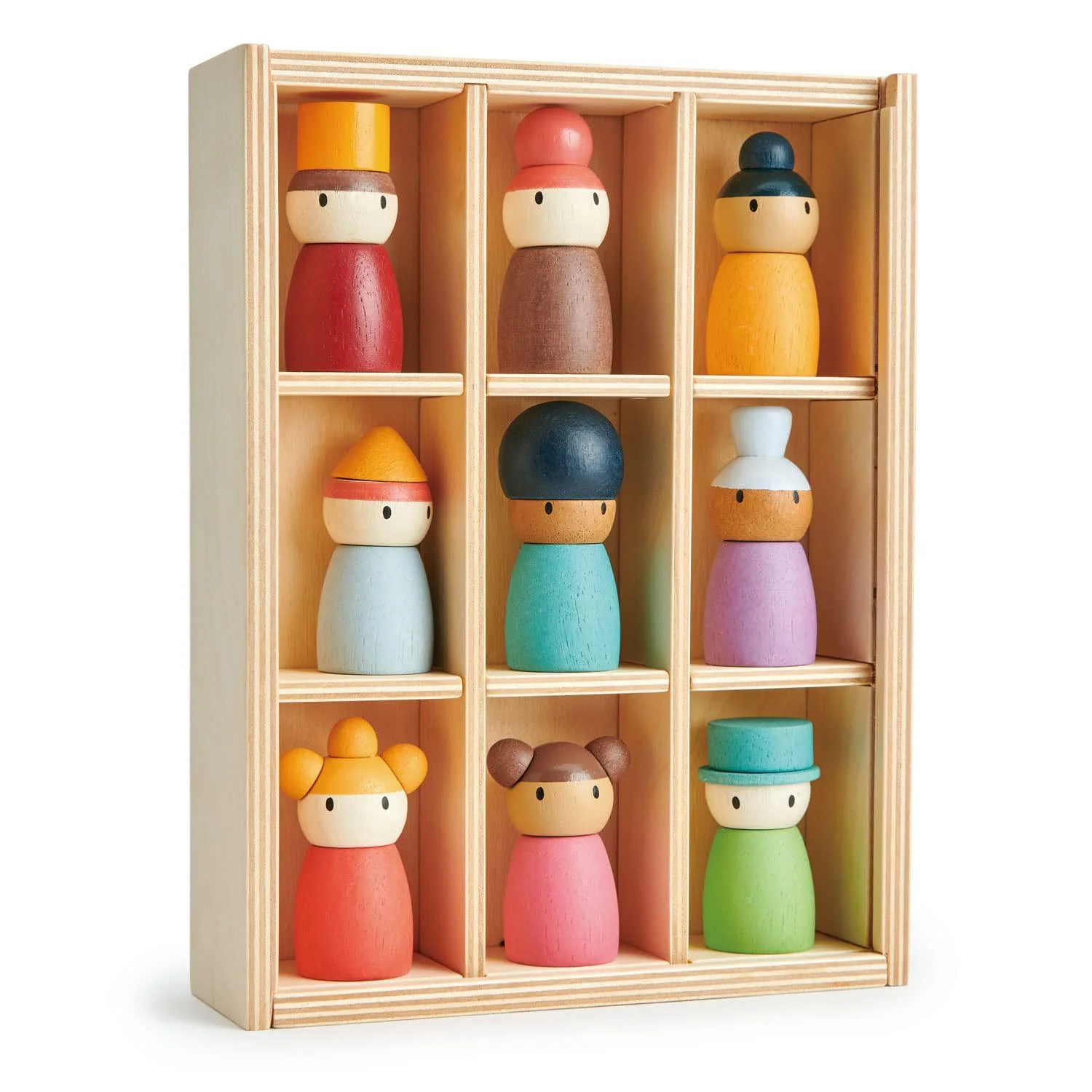 tender leaf toys - happy folk hotel - 9 pcs wooden diversity peg dolls open-ended toys - montessori people figures play set -