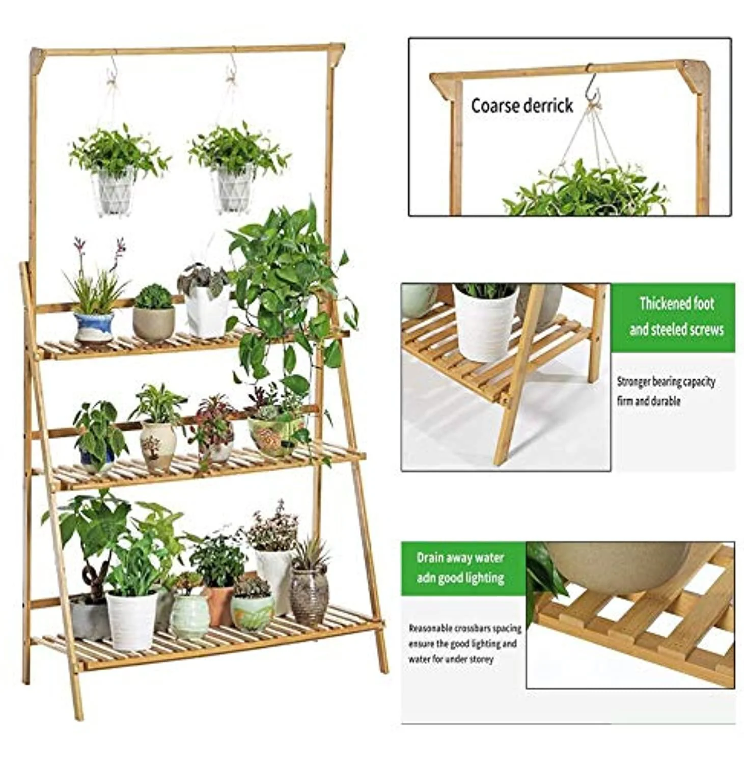 JMSL bamboo 3-tier hanging plant stand with pot shelf stand display rack for indoor outdoor garden