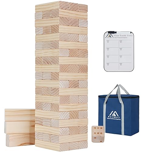 Megwoz Giant Tumble Tower Game - 57 Piece Stacking Blocks for Indoor/Outdoor | 2.3ft to 5+ft Build Height | Includes Dice, Score