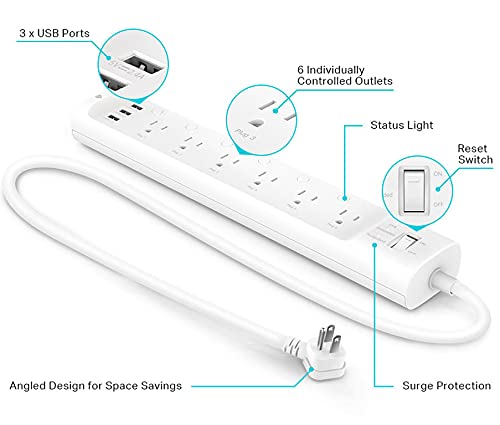 Kasa Smart Plug Power Strip HS300, Surge Protector with 6 Individually Controlled Smart Outlets and 3 USB Ports, Works with Alex
