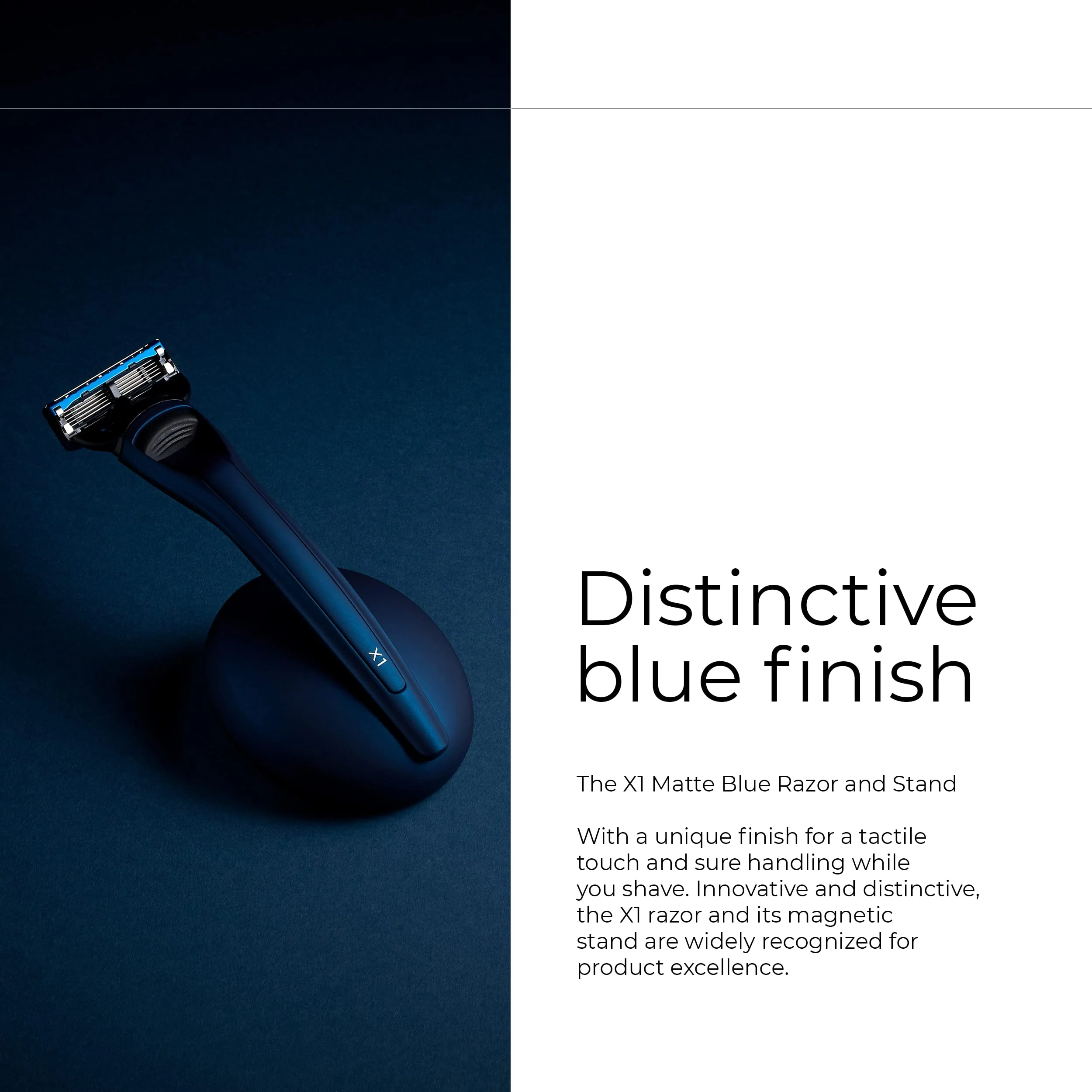 Bolin Webb Razor and Stand in Matte Blue. Fitted with Gillette Fusion5 Blade Cartridge Technology for The Closest Shave. Luxury