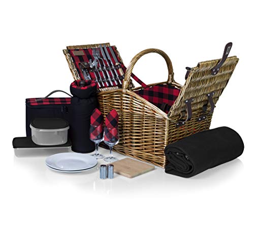 Picnic Time - A Picn Picnic Time Somerset English-Style Double Lid Willow Picnic Basket with Service for 2 , Red/Black Buffalo Plaid