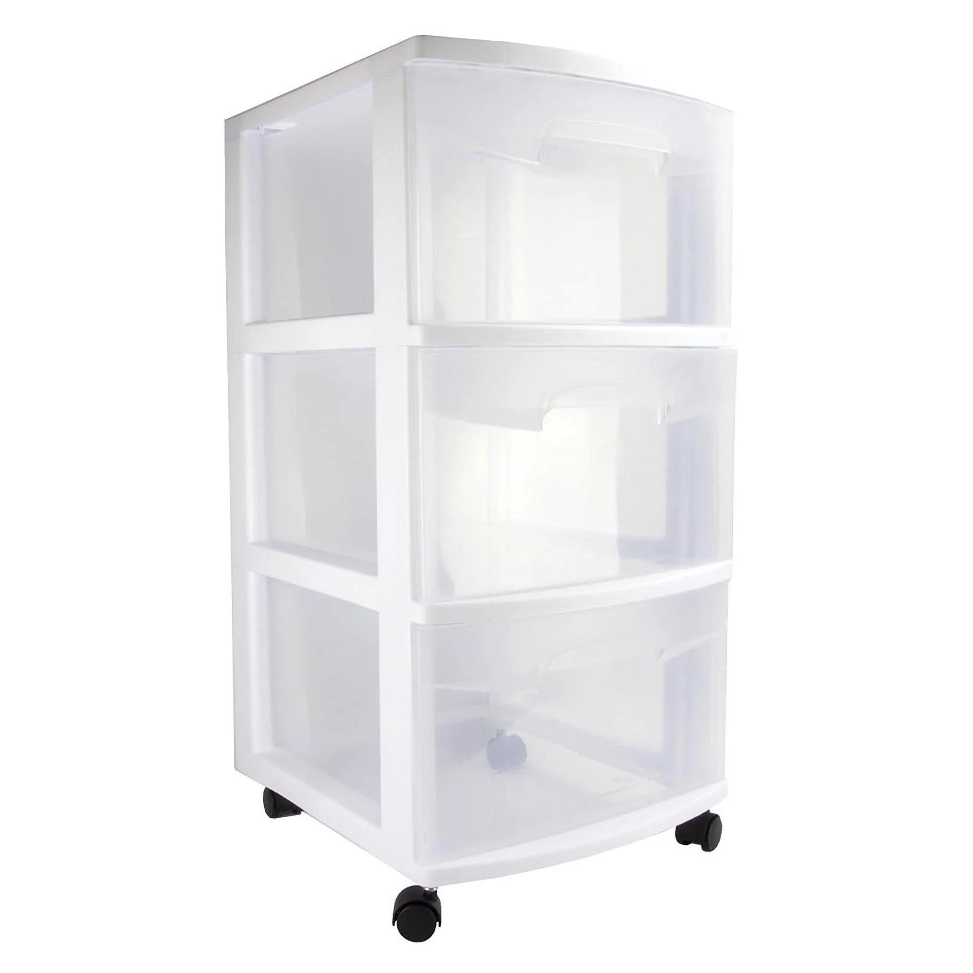 sterilite 28308002 home stackable 3 drawer wide plastic storage organizer container with drawers and rolling wheels, white (s