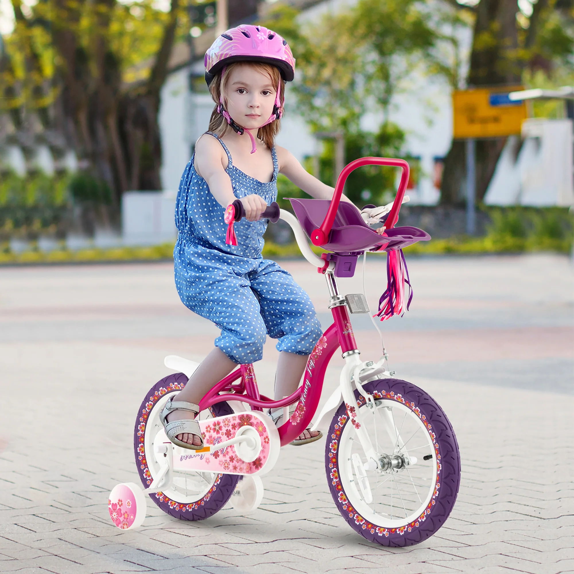 Costway 16&s;&s; Kids Bike with Doll Seat Girls Bicycle with Training Wheels for 4-7 Years Old Girl