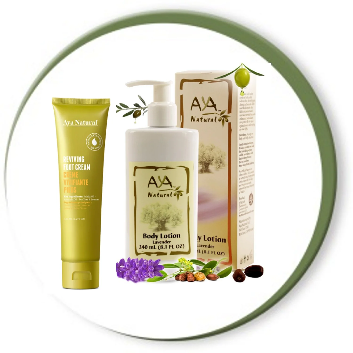 Aya Natural Reviving Foot Cream and Lavender Body Lotion | With Jojoba, Avocado &a; Galilean Olive Oil | 3.4 Oz &a; 8.1 Oz