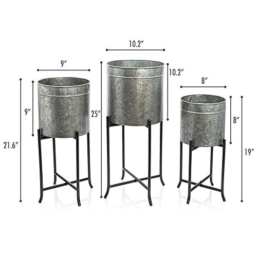 Kimisty Set 3 Large Galvanized Planters Outdoor &a; Indoor, Metal Farmhouse Decor for Garden, Patio, Porch &a; Balcony, Pots with Stand and