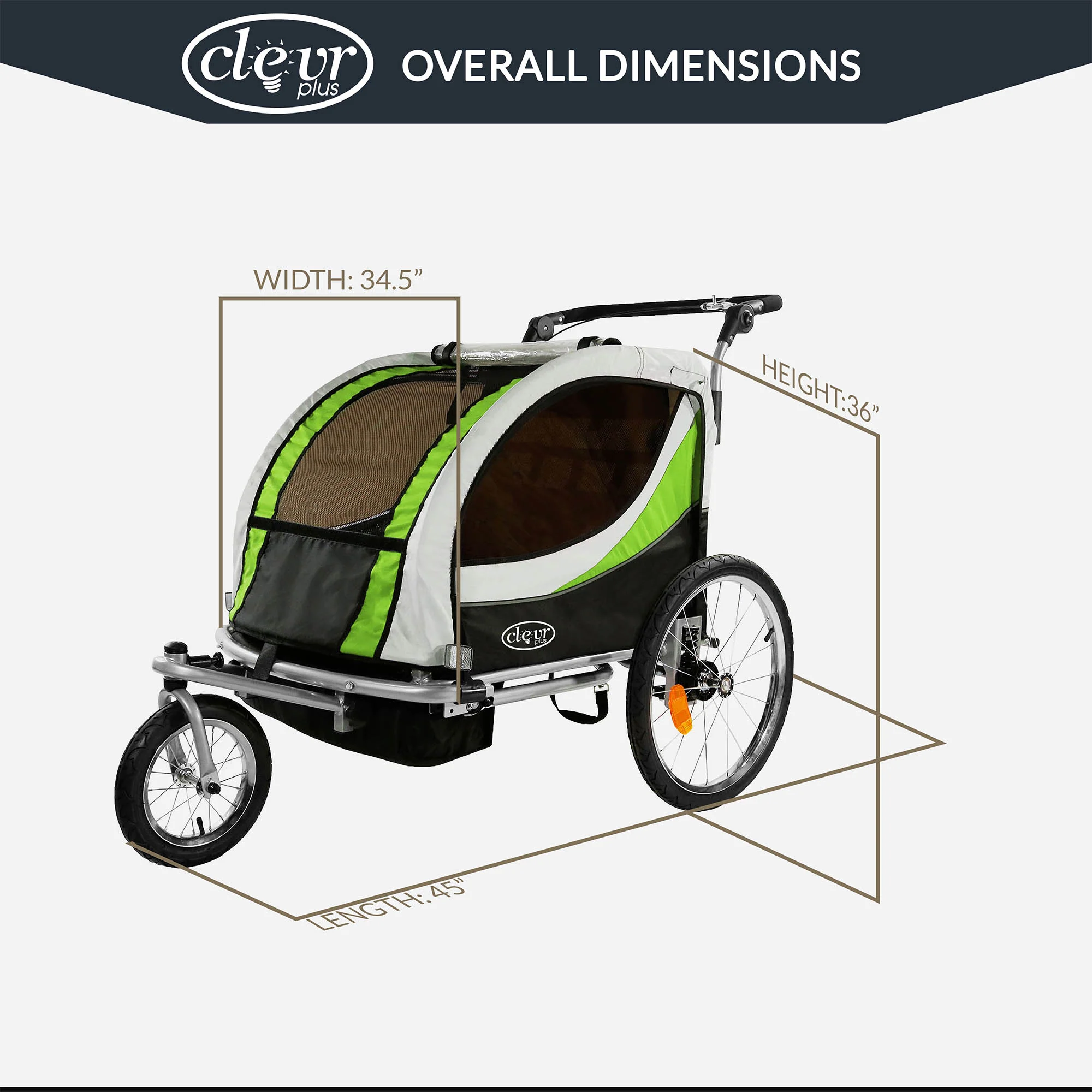 ClevrPlus Deluxe 3-in-1 Double Seat Bike Trailer Stroller Jogger for Kids, Green