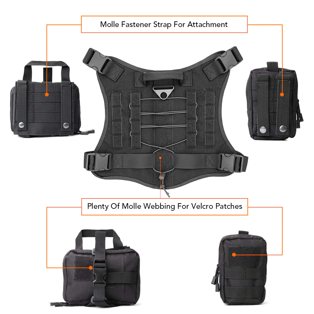Toptie Tactical Service Dog Harness, Dog Training Vest Pet Harness with Molle Pouches and Bottle Holder