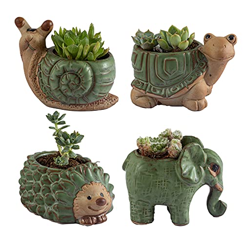 godealio Small Succulent Pots with Drainage, Ceramic Animal Planter, Indoor Plant, Cute Cactus/Bonsai Flower Pots for Home Decor and Offi