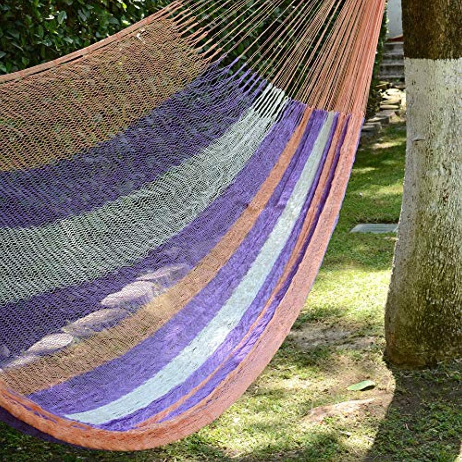 novica purple orange striped hand woven nylon mayan 2 person xl rope hammock with hanging accessories, melon stripe&s; (double)