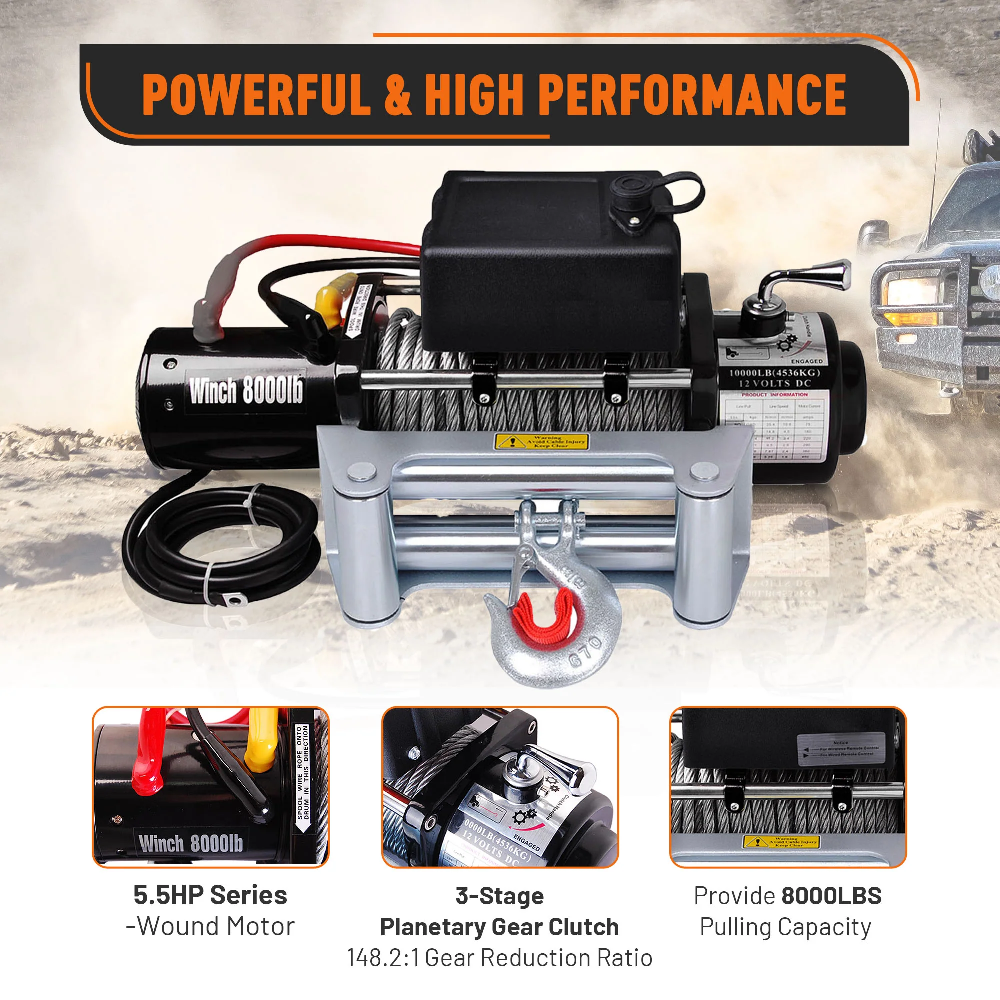 Yescom 8000lb Electric Recovery Winch Truck SUV Trailer Towing Pull Tool Wireless Remote 5.5HP