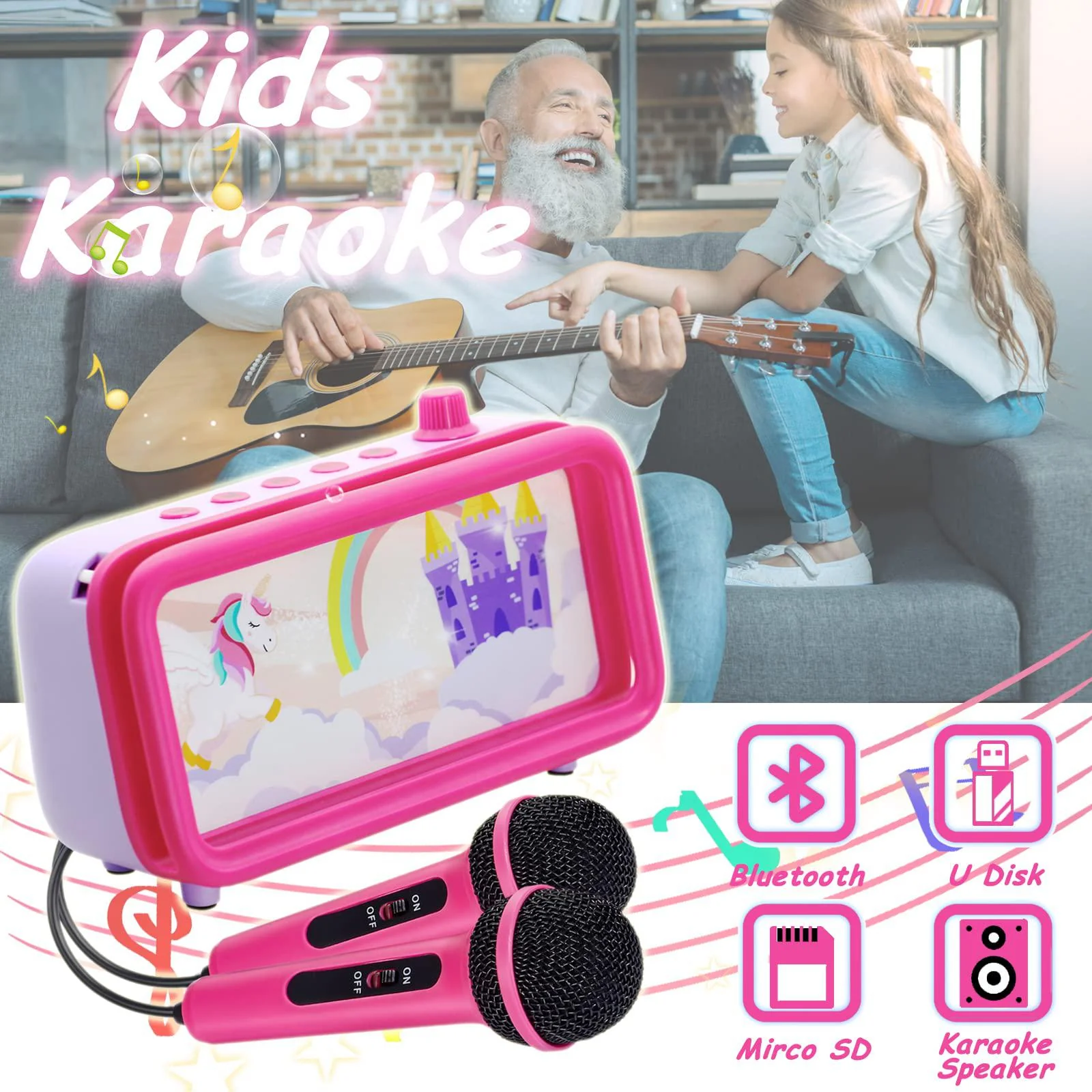 Kindldole karaoke machine for kids girls boys with 2 microphones bluetooth toddler karaoke speaker for singing children kareoke toy gif