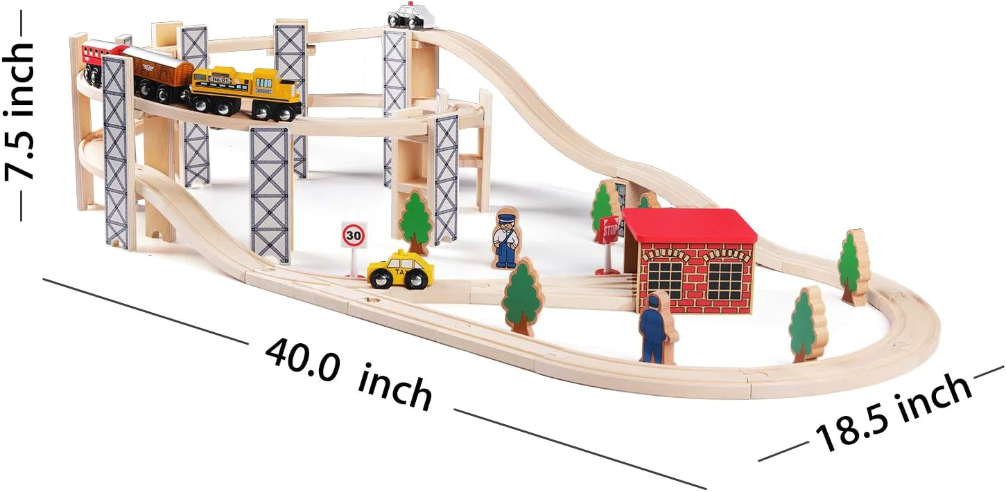 SainSmart Jr. Wooden Train Set Toy with Rail High Level Part, Wooden Train Playset with Magnetic Train Cars for Toddlers