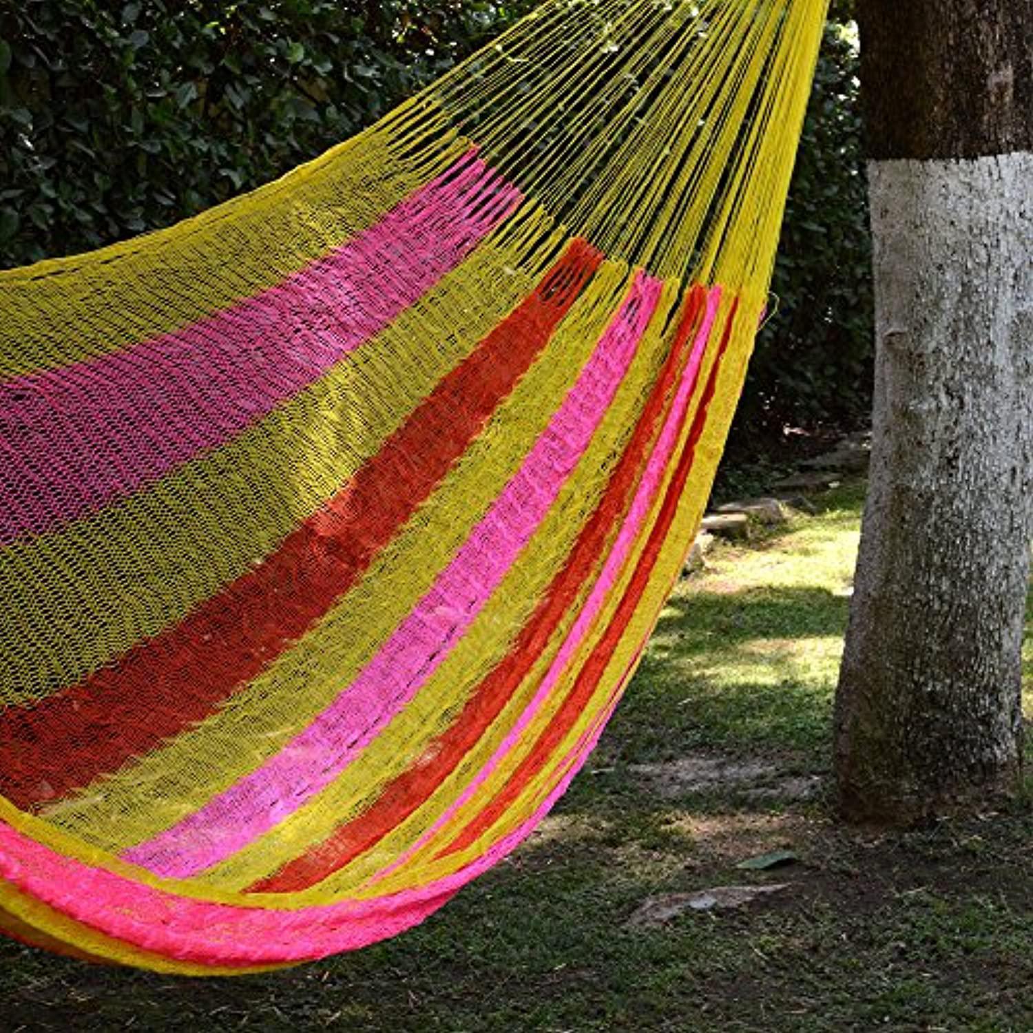 novica bright pink yellow striped tropical hand woven nylon mayan 2 person xl rope hammock with hanging accessories, &s;candy d