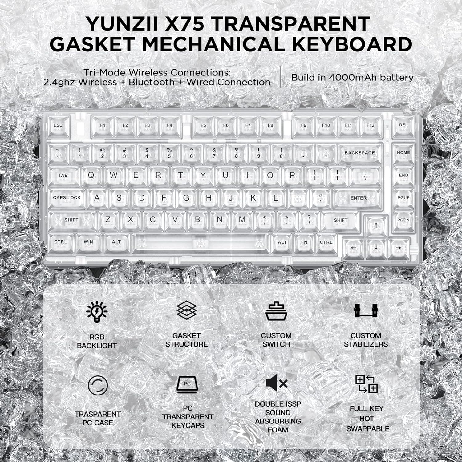 Zell Electronics Zell Pro 82 Key Wireless Hot Swappable Mechanical Gaming Keyboard With Transparent Keycaps,Bt5.0/2.4G/Usb-C, Gasket Mount Key…