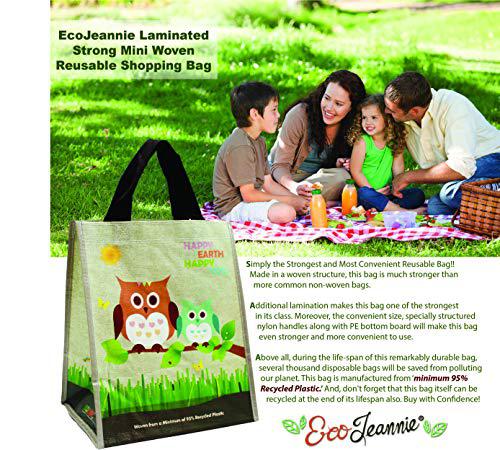 ecojeannie laminated mini woven reusable grocery shopping bag, minimum of 95% recycled plastic, 5 pack
