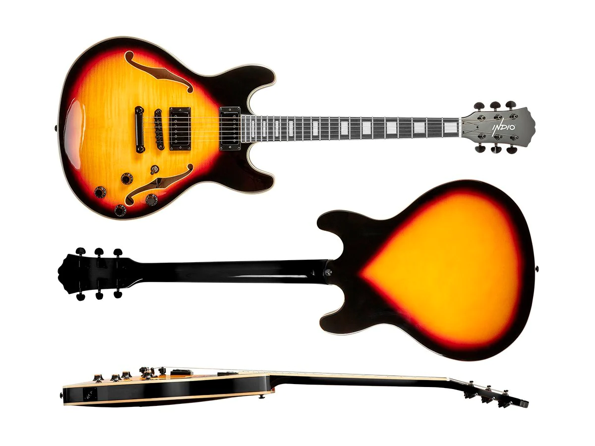 Monoprice Indio Boardwalk Flamed Maple Hollow Body Electric Guitar - Sunburst
