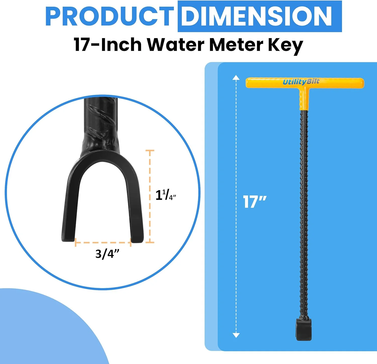Worth Service LLC UtilityBilt Water Meter Key 17 Inch Comes with 4-way Multi-Functional Utility Key | Enforced Rebar Water Shut Off Tool Wrench T