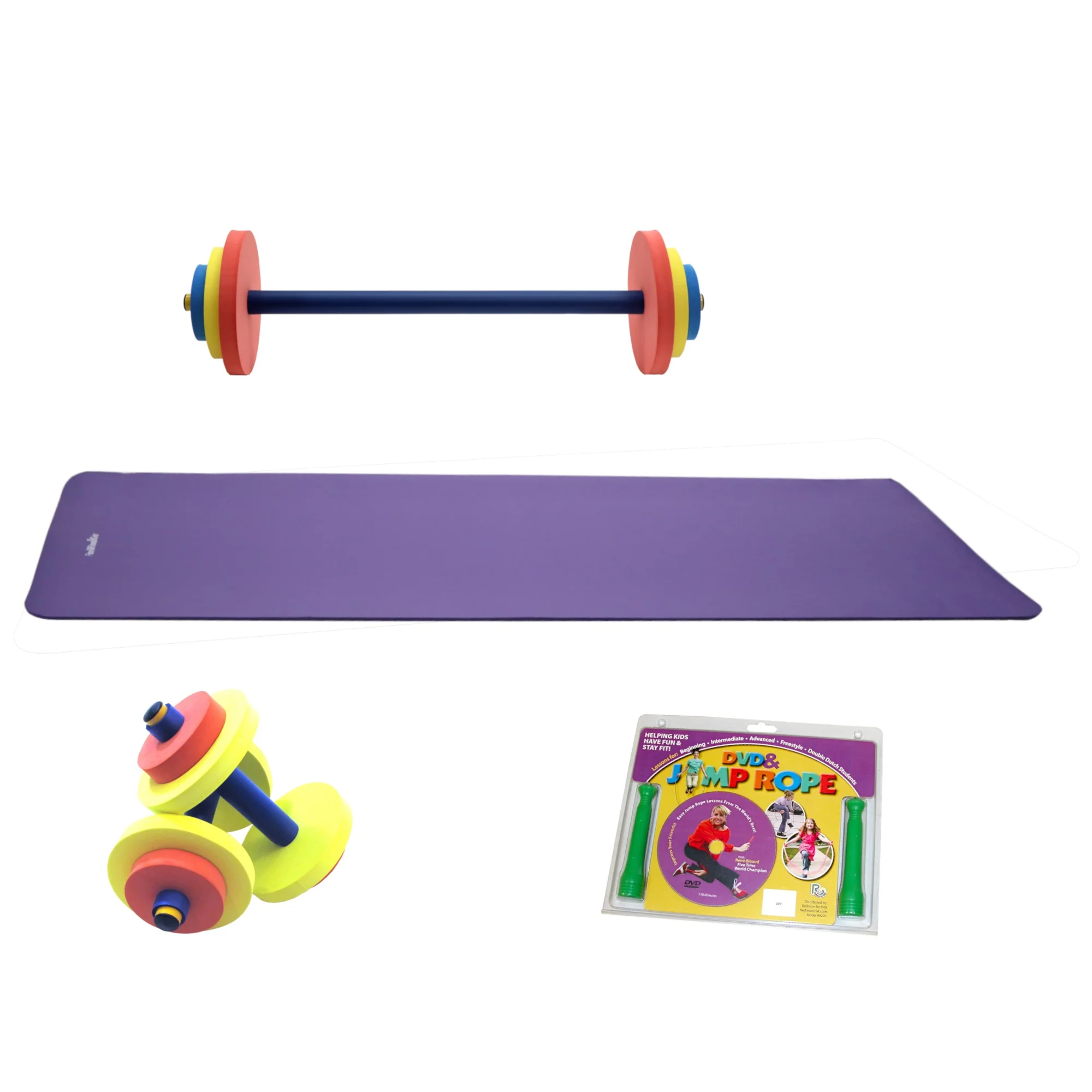 Redmon Fun and Fitness for Kids Complete Fitness Set, Dumbbells, Barbell Set, Yoga Mat, Adjustable Jump Rope, Jump Rope Trainer Video