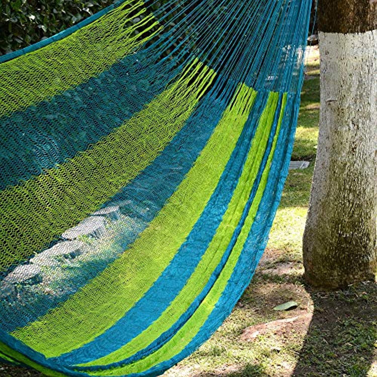 novica bright yellow teal striped hand woven nylon mayan 1 person rope hammock with hanging accessories, neptune&s; (single)