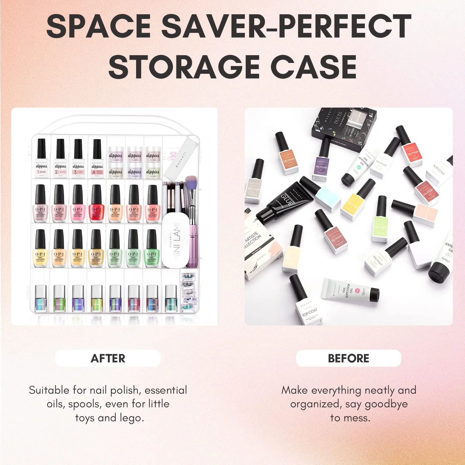 Makartt Gel Nail Polish Organizer Holder for 60 Bottles with Large Separate Compartment Universal Clear Nail Storage Travel Case