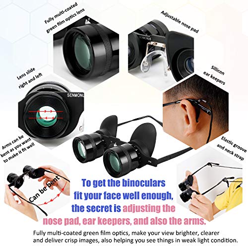 SENMONUS Professional Hands-Free Binocular Glasses for Fishing, Bird Watching, Sports, Concerts, Theater, Opera, TV, Sight Seeing, Hands-