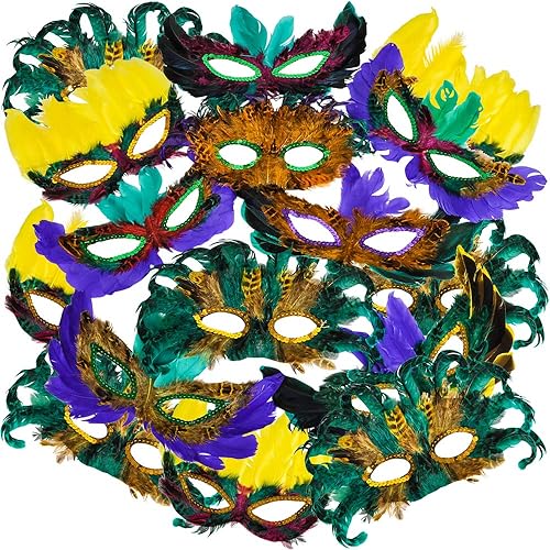 Bedwina Mardi Gras Masks - (Pack of 50) Bulk Carnival Masquerade Mask Costume Party Supplies, Feather Mardi Gras Decorations for