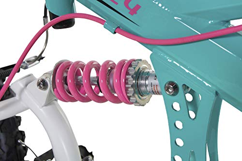 Dynacraft Vertical Dual Suspension Mountain Bike Girls 24 Inch Wheels with 18 Speed Grip Shiter and Dual Hand Brakes in Teal and