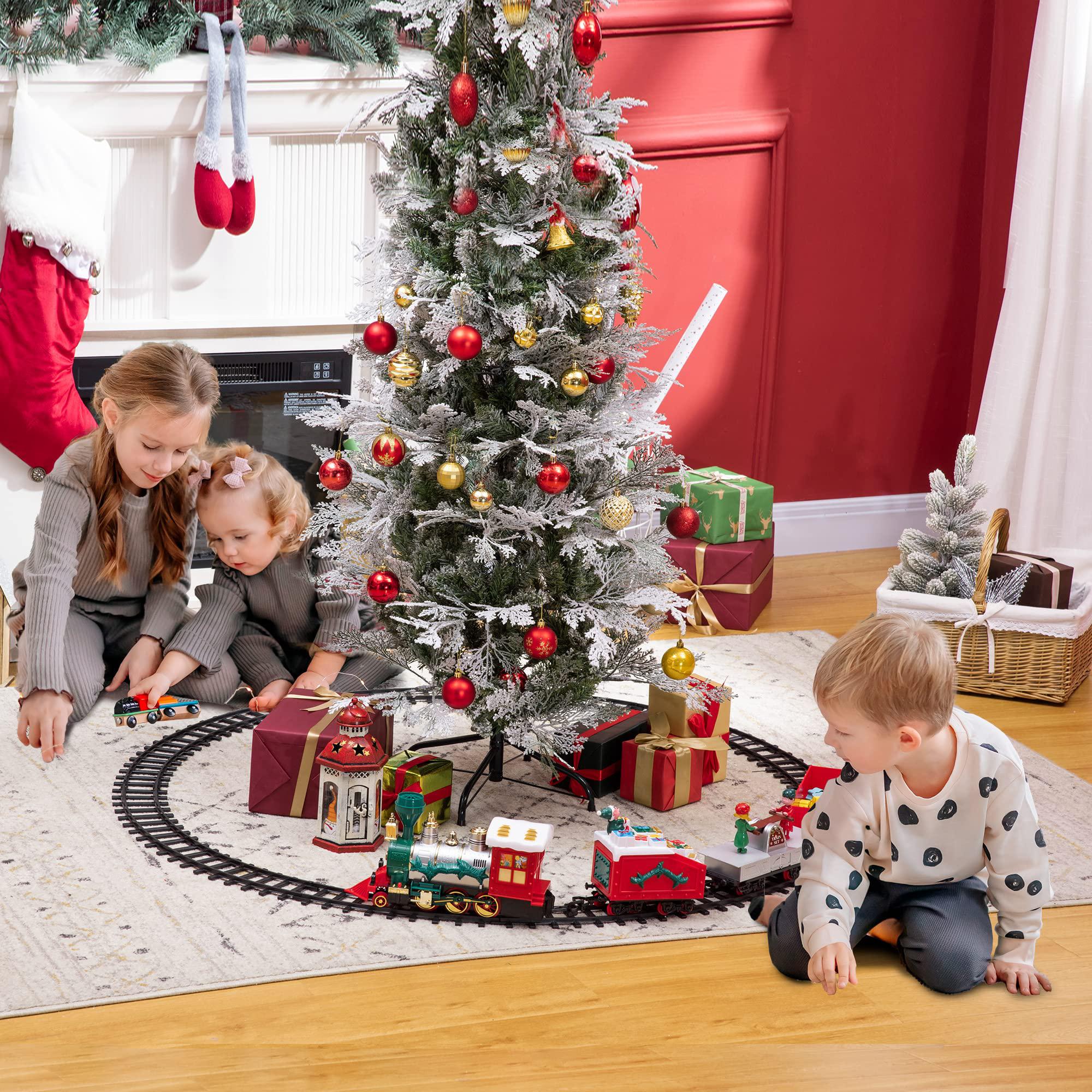 qaba electric train set for kids, battery-powered christmas train toy set with sounds &a; lights, classic toy train set with gi