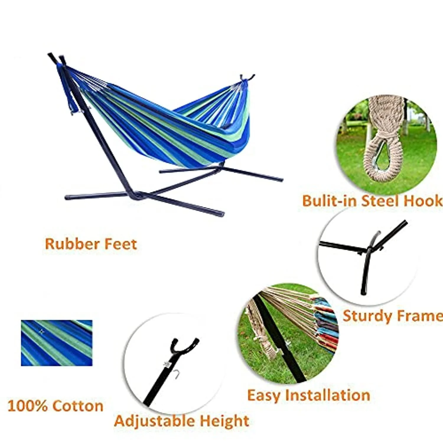 Toytexx Inc &a; Design double hammock with space saving steel stand includes portable carrying bag - blue color