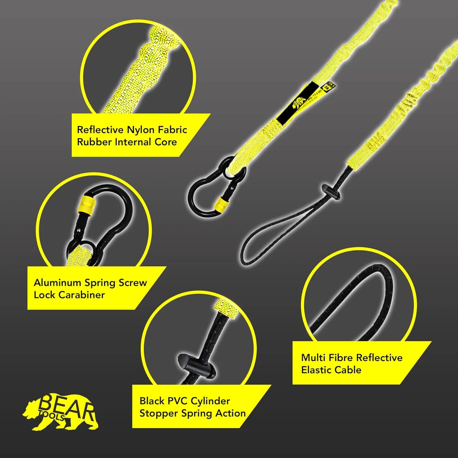 BearTOOLS New Yellow Safety Lanyard Tether with Captive Eye Screw Lock Carabiner Aluminum, Universal Adjustable Loop End, Stop The Drops