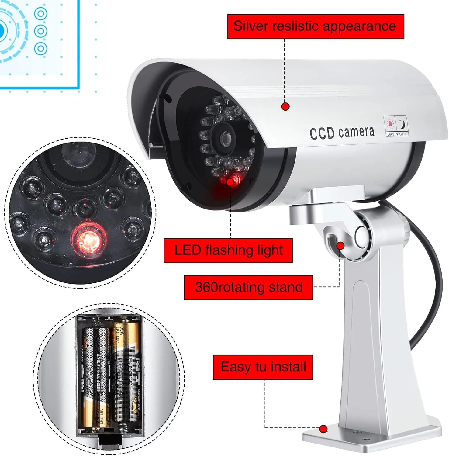 Macarrie 8 Pcs Fake Camera Dummy Security Camera Realistic Dummy Camera Silver Plastic Fake Video Camera CCTV Surveillance System with M