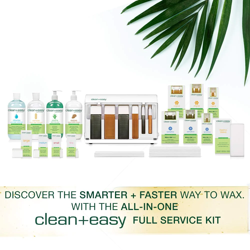 Clean + Easy Waxing Spa Full Service Kit, Roll On Warmer, Hair Removal Wax Cartridges, Pre and Post Treatments, Waxing Strips, a