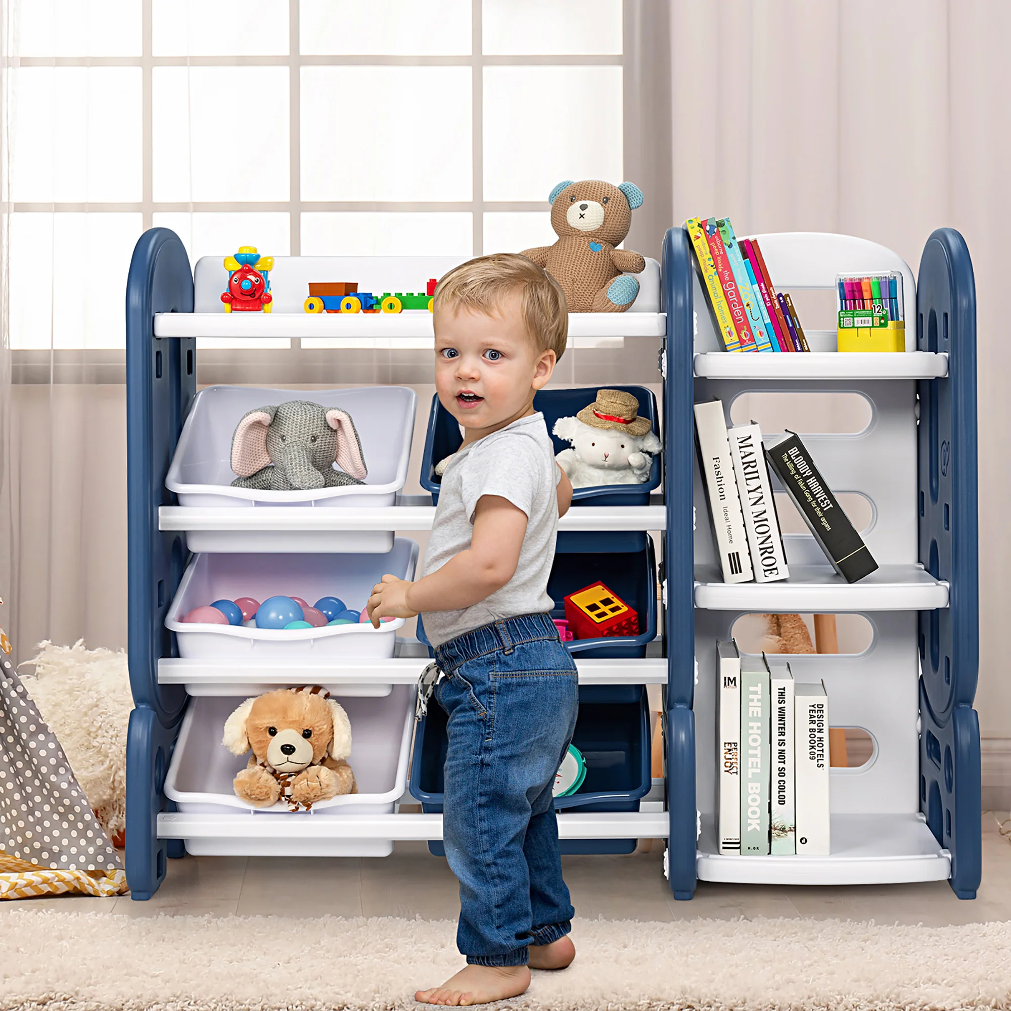 Costway Kids Toy Storage Organizer w/ Bins &a; Multi-Layer Shelf for Bedroom Playroom Blue