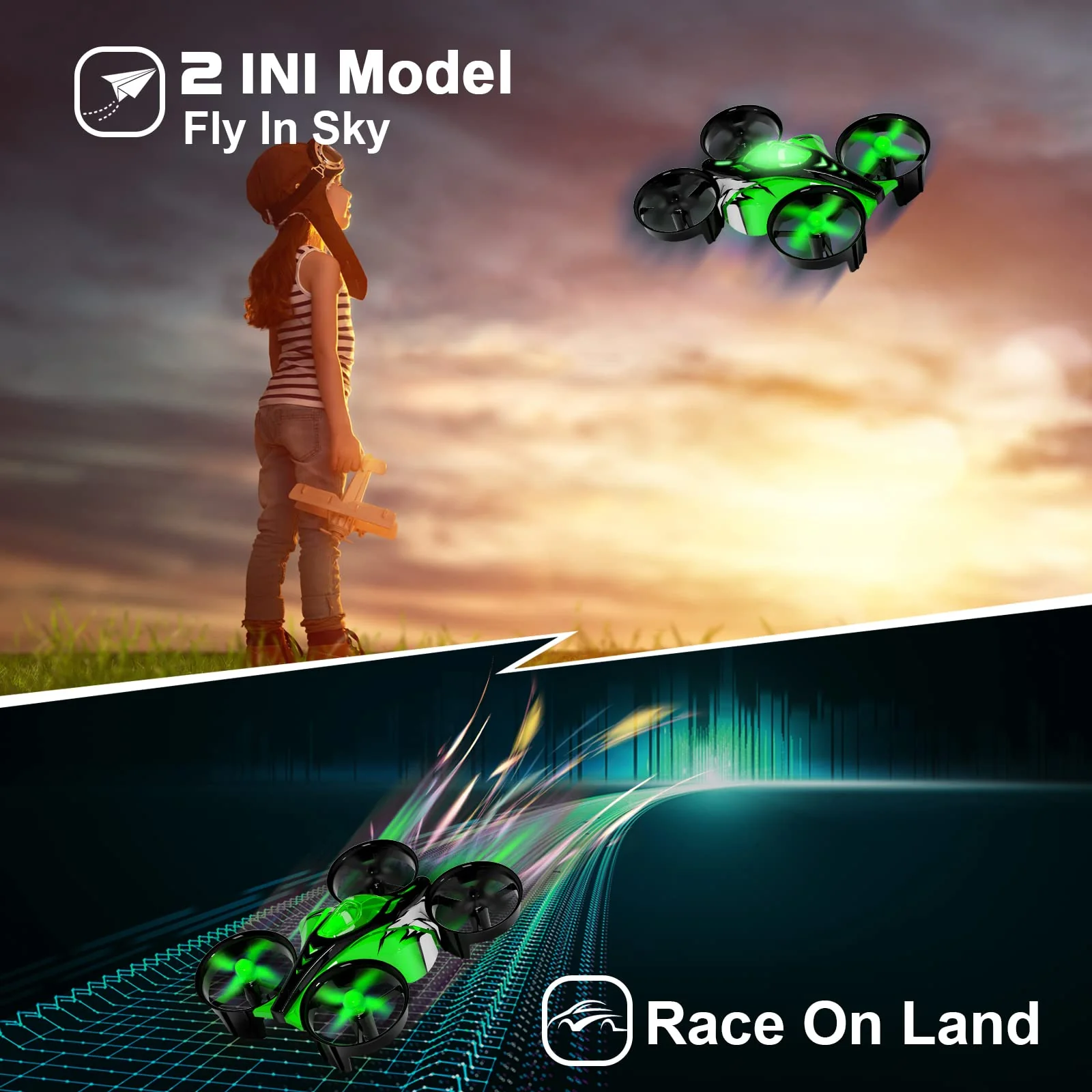 UNTEI 2 In 1 Mini Drones for Kids Remote Control Drone with Land Mode or Fly Mode, LED Lights,Auto Hovering, 3D Flip,Headless Mo
