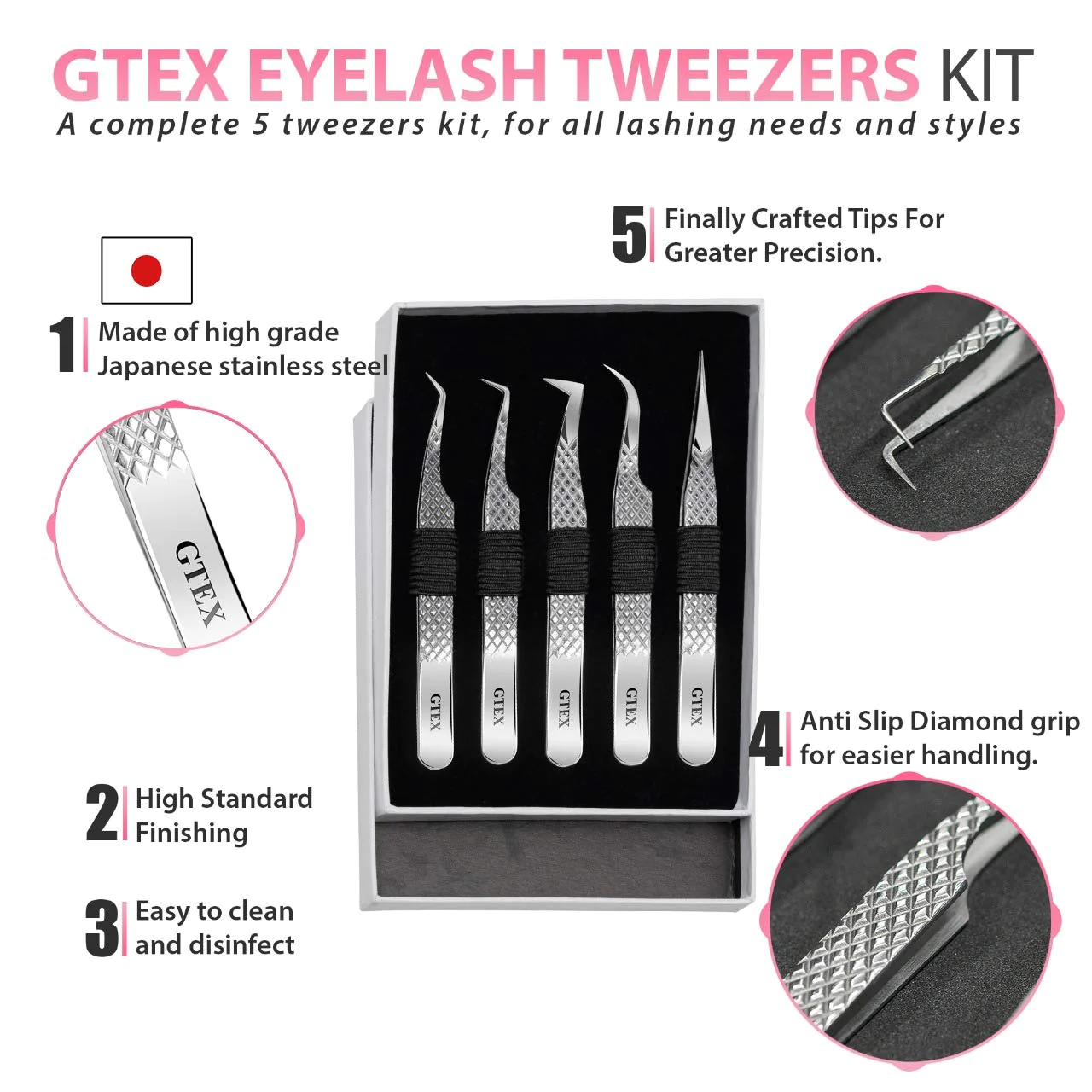 gTEX Lash Tweezers For Eyelash Extensions Tweezers Set of 5, Japanese Stainless Steel, Straight curved 45 90 Degree Volume Eyela