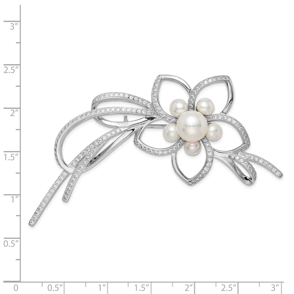 Jewelryweb Sterling Silver Rhodium-plated 4-7mm White Freshwater Cultured Pearl Cubic Zirconia Flower Pin