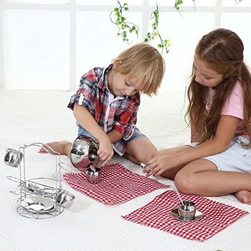 Timy Play Tea Party Set 14pcs for Girls, BPA Free Stainless Steel Teapot Pretend Kitchen Toys