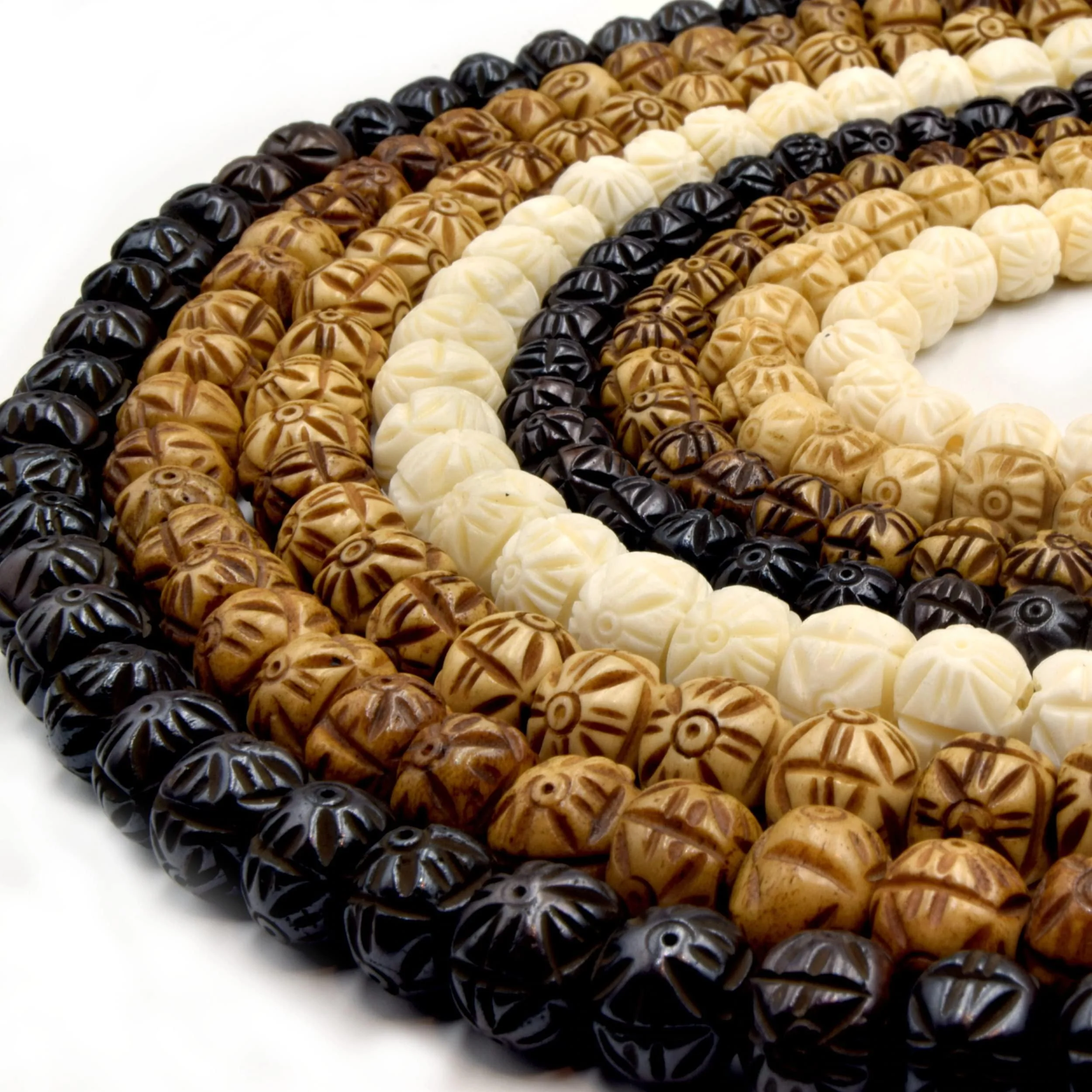 Beadlanta bone beads | carved sunshine/sunburst ox bone beads | 12mm medium brown