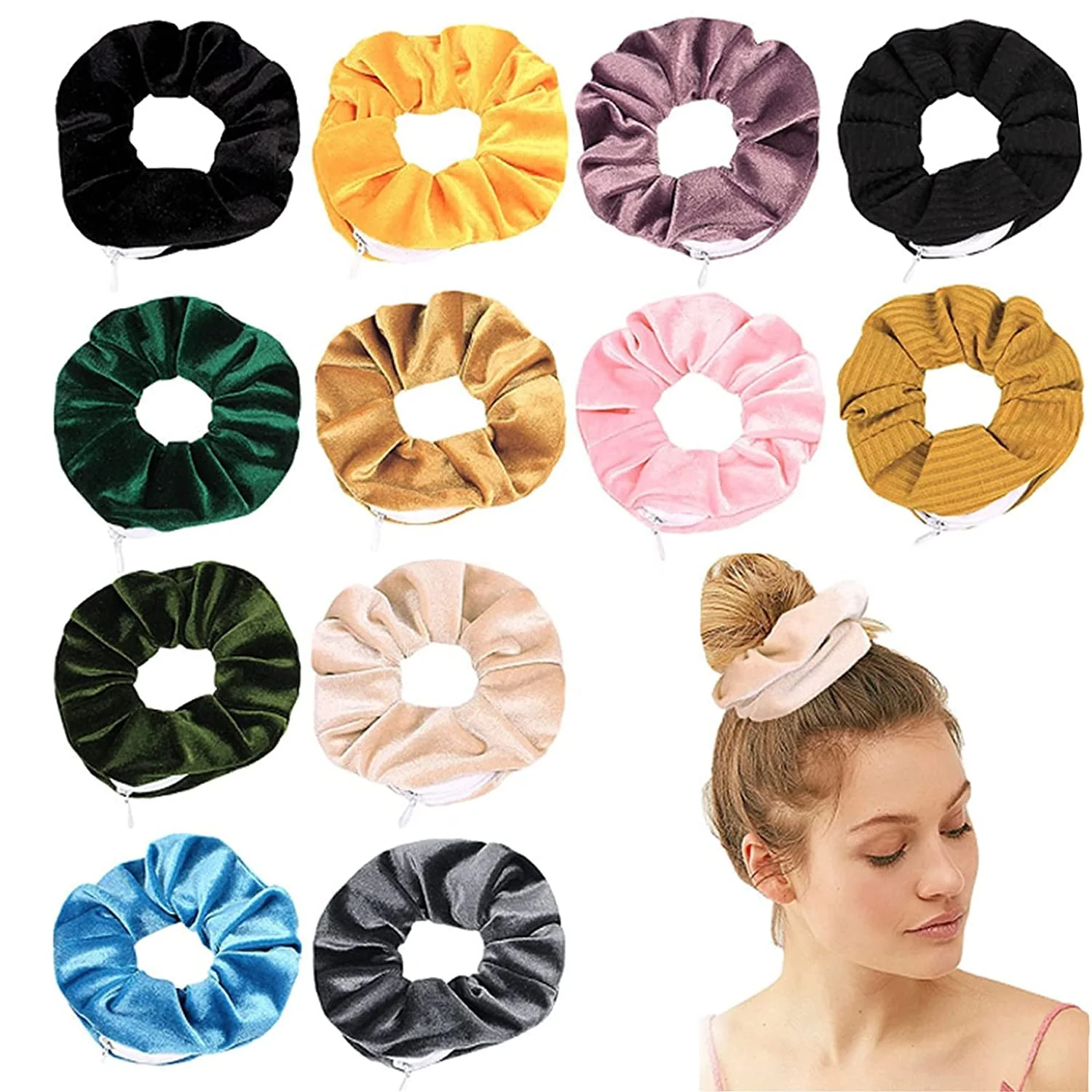 Generic Zipper scrunchie Safe (3 Pack) - Velvet Stasher scrunchies Compartment for Cash Cards Keys Valuables | Hair bun ties Secret Poc