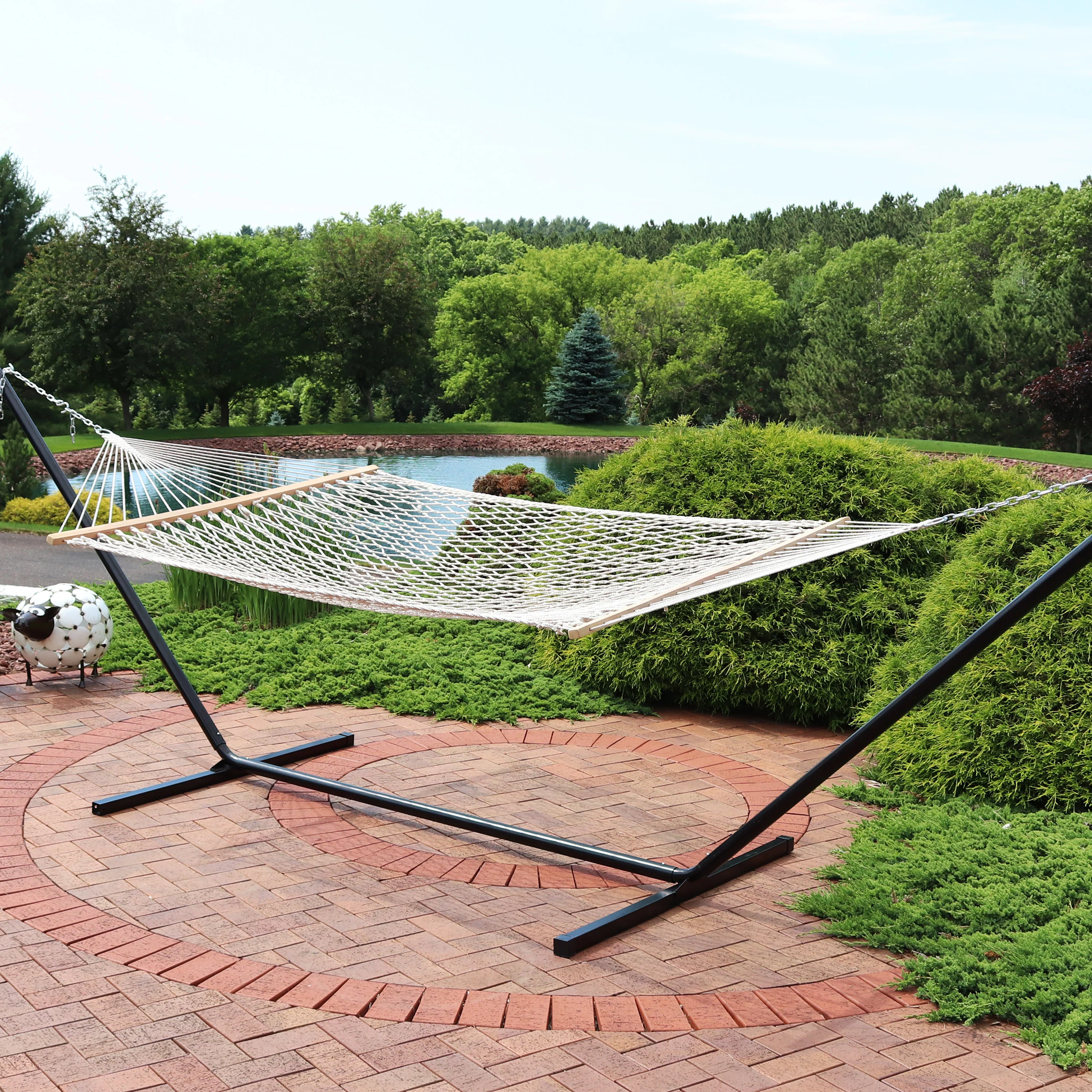Sunnydaze Decor Double Wide 2 Person Cotton Hammock with Spreader Bars &a; 15-Foot Stand