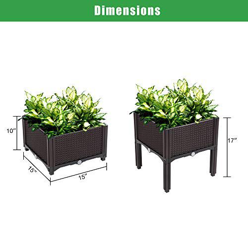 Flandre outdoor 2pcs plastic raised garden bed self-watering plastic planter garden free splicing injection planting box stand (brown