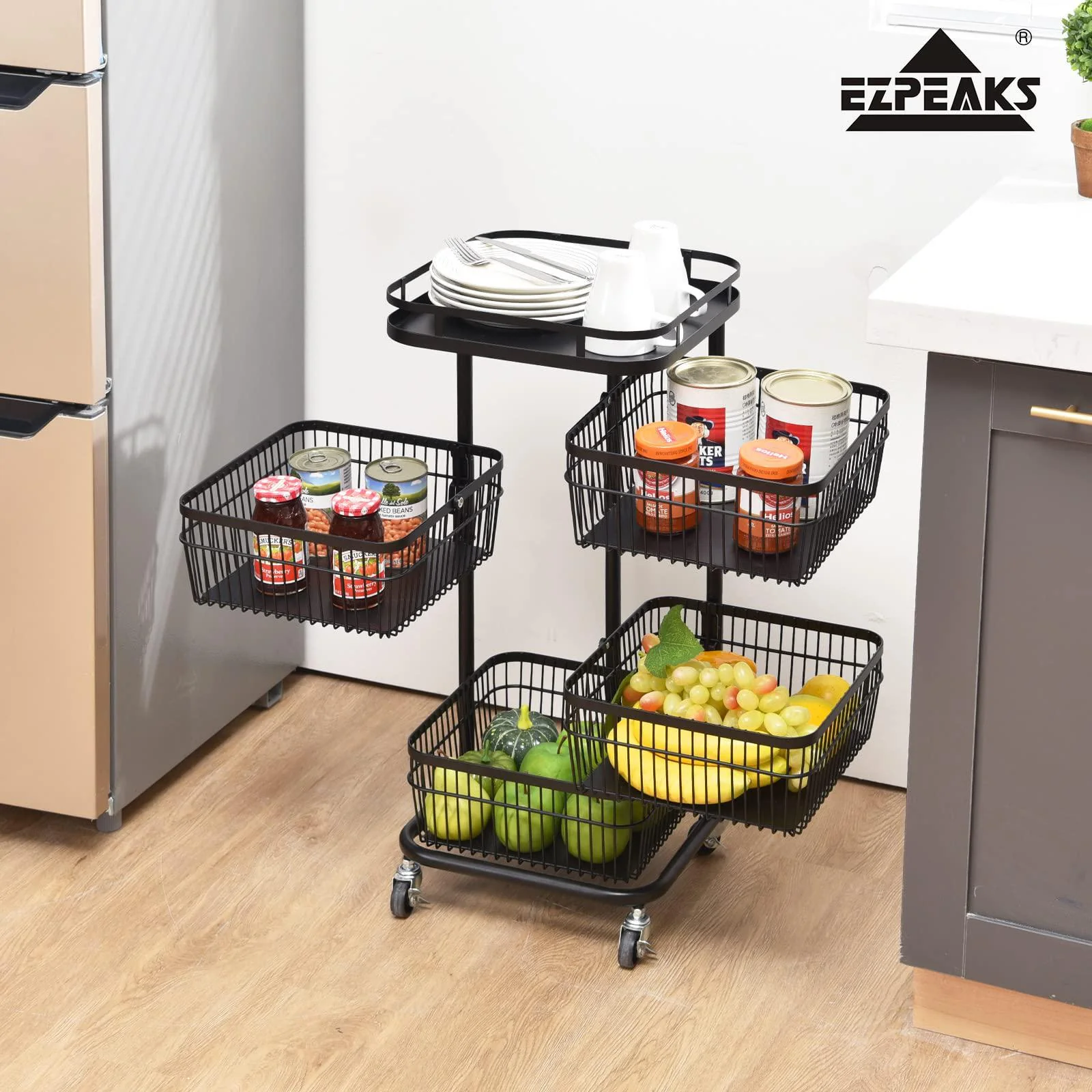 ezpeaks 5-tier black steel kitchen storage tower square basket shelves organizer on rolling wheels with detachable drawers fo