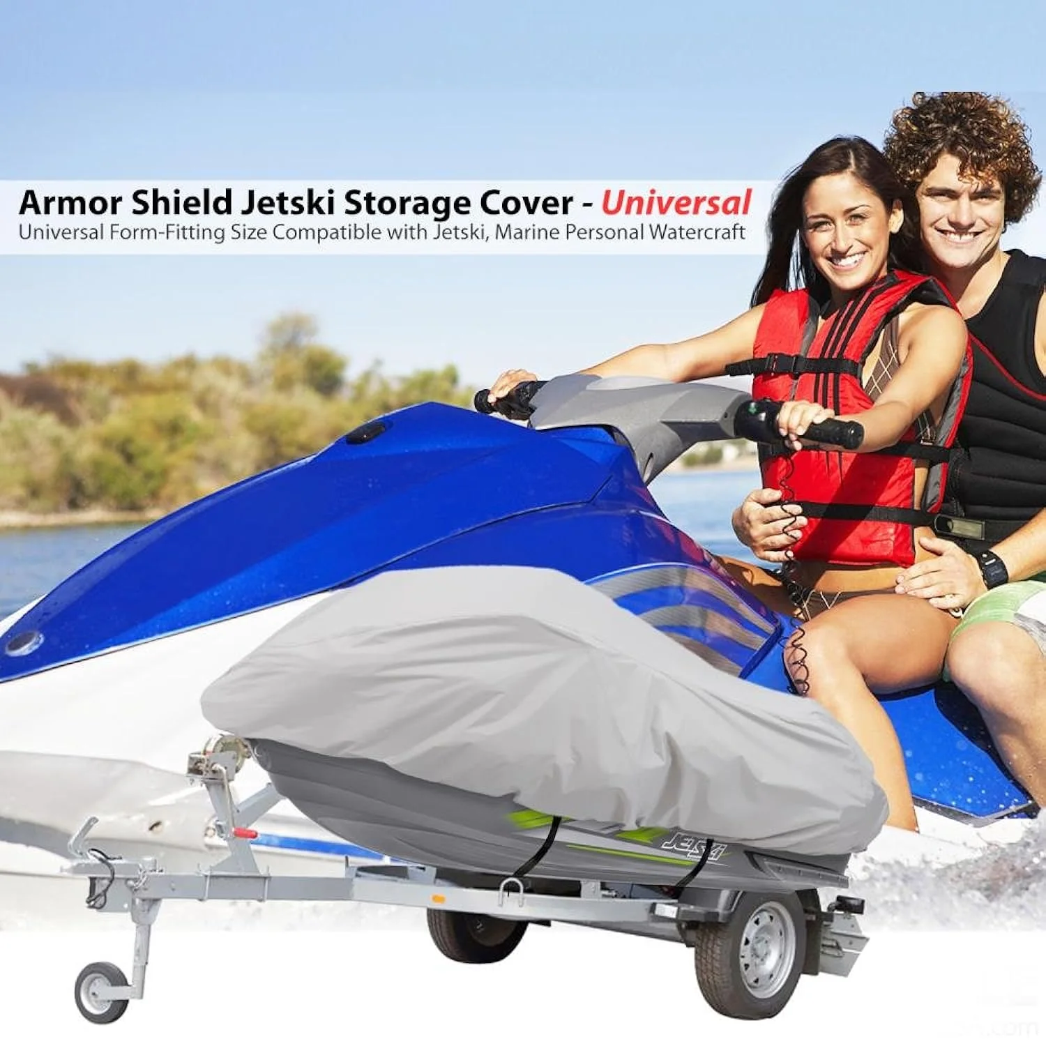 Pyle Waterproof Heavy Duty Jet ski Cover - 139  - 145  Inch Resistant Watercraft Storage Cover with Adjustable Strap &a; Elasti…
